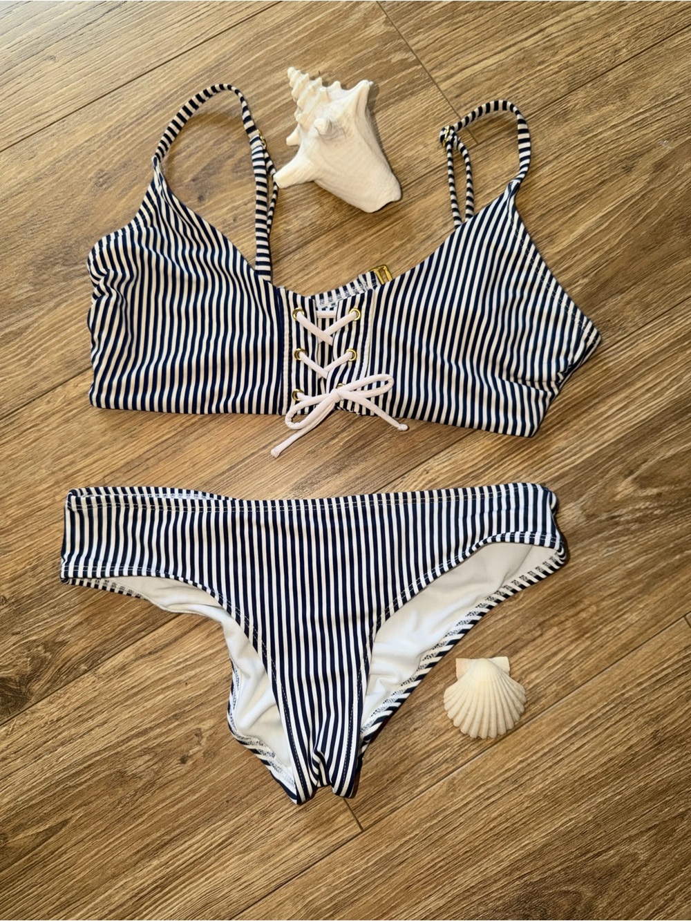 Xhilaration Navy & White Striped Bikini Top